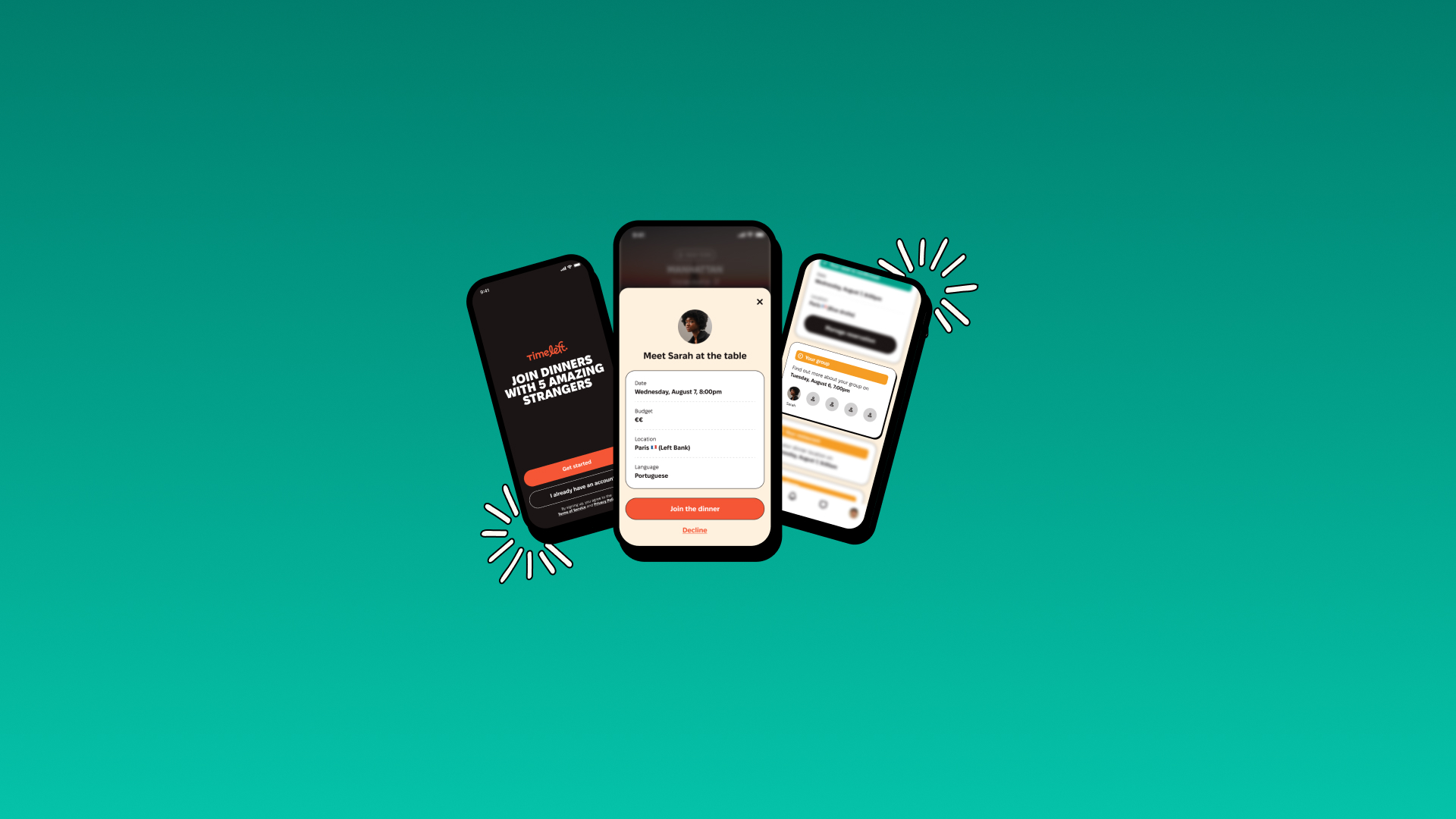 Three smartphones displaying Timeleft app screens showing the new bring-a-friend feature, including dinner booking interface and friend invitation process on teal background.